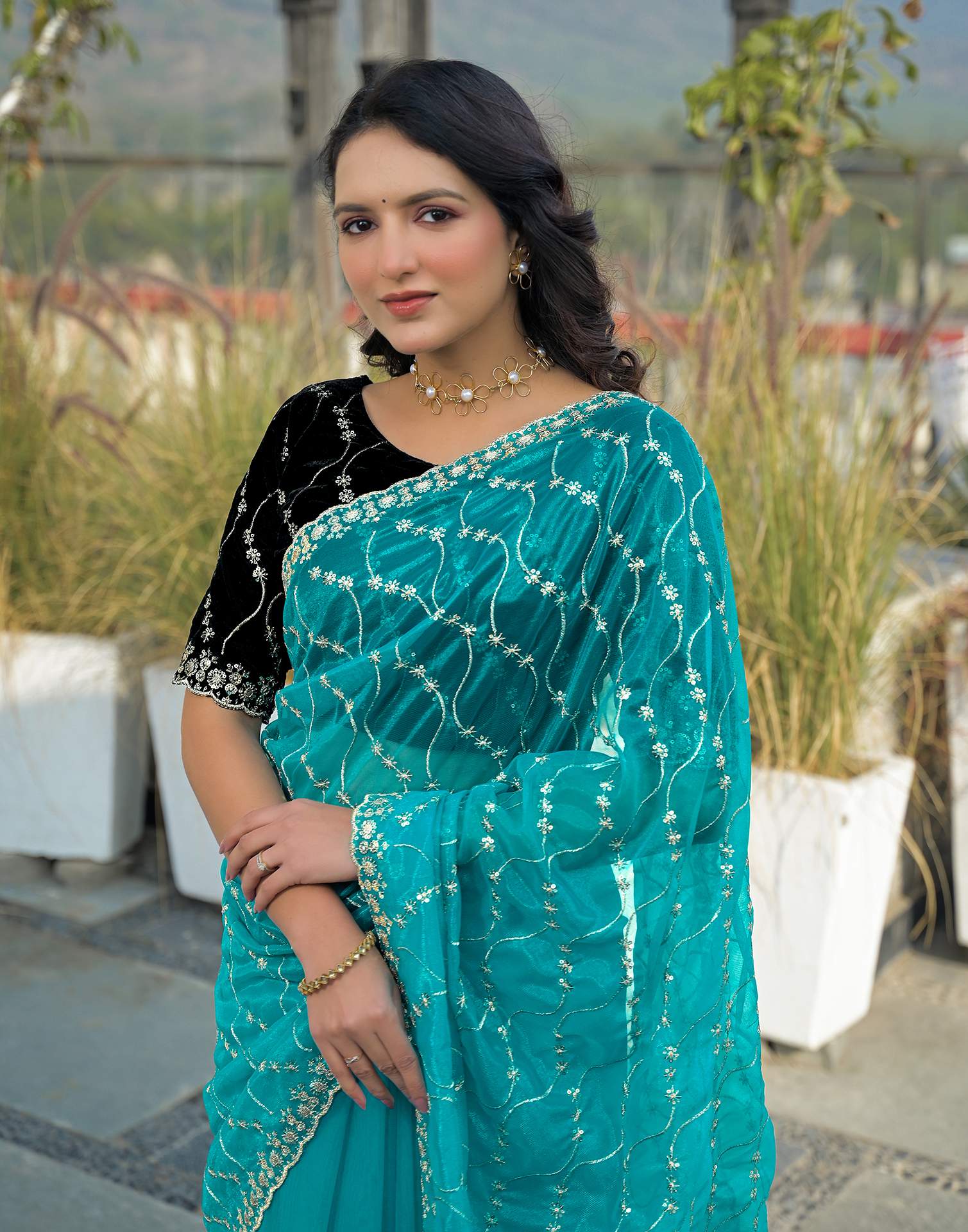 Turquoise Blue Net Sequence Embroidery Saree