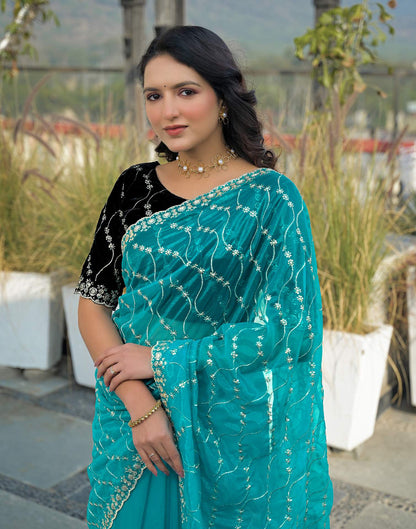 Turquoise Blue Net Sequence Embroidery Saree