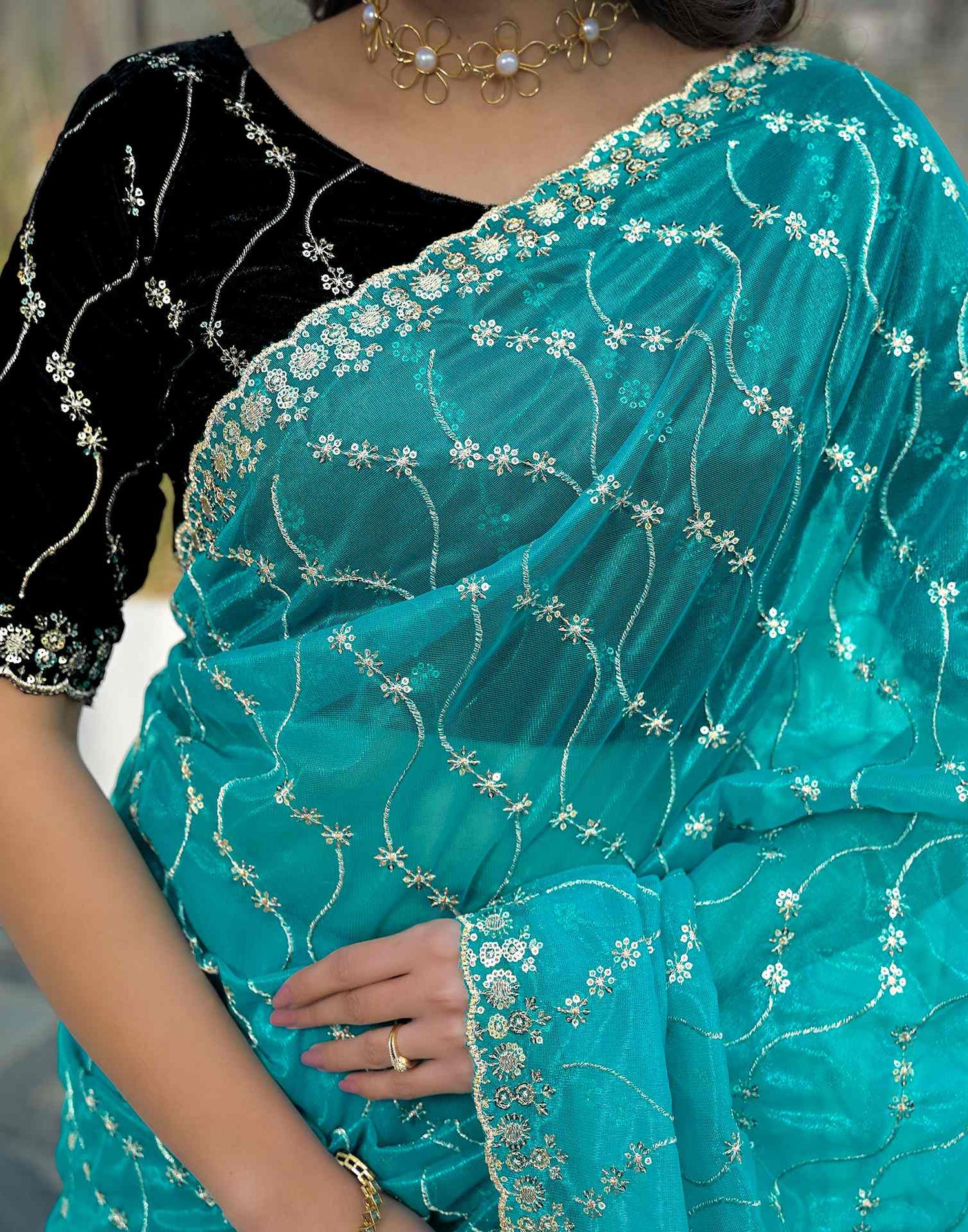 Turquoise Blue Net Sequence Embroidery Saree