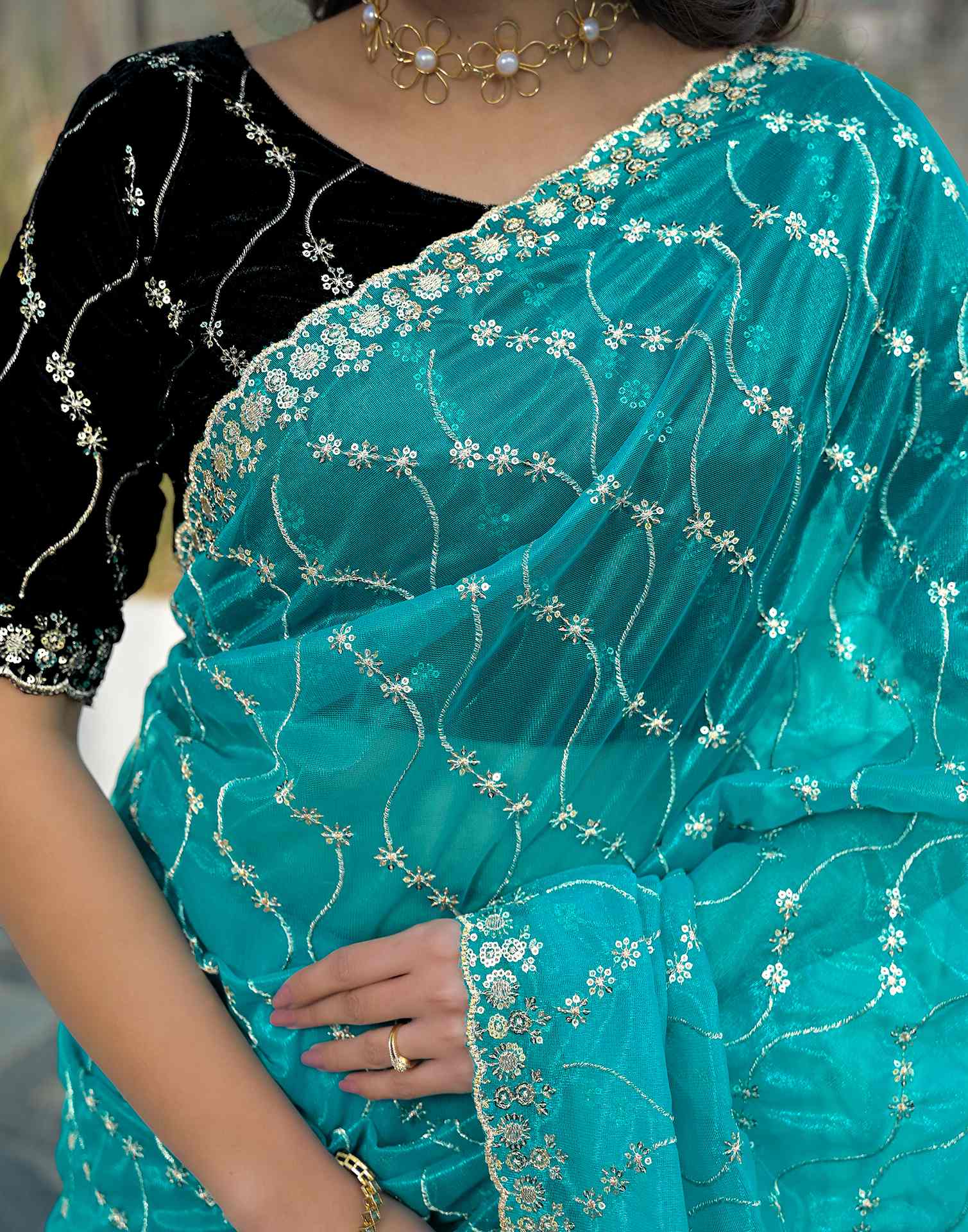 Turquoise Blue Net Sequence Embroidery Saree