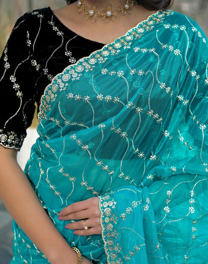 Turquoise Blue Net Sequence Embroidery Saree