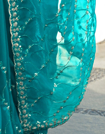 Turquoise Blue Net Sequence Embroidery Saree