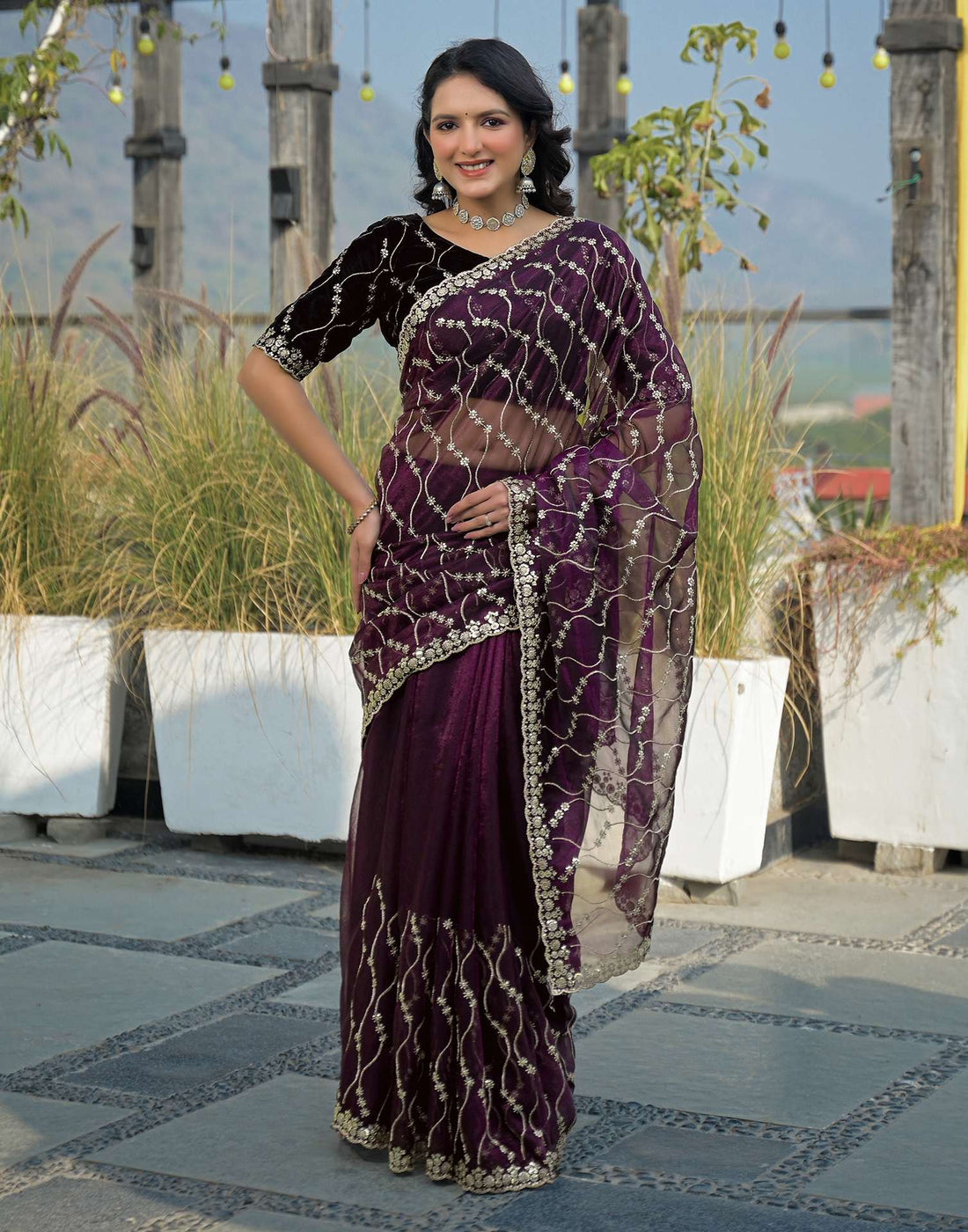 Wine Net Sequence Embroidery Saree