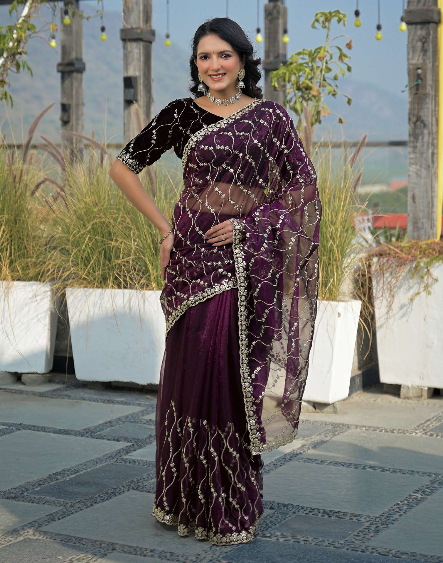 Wine Net Sequence Embroidery Saree
