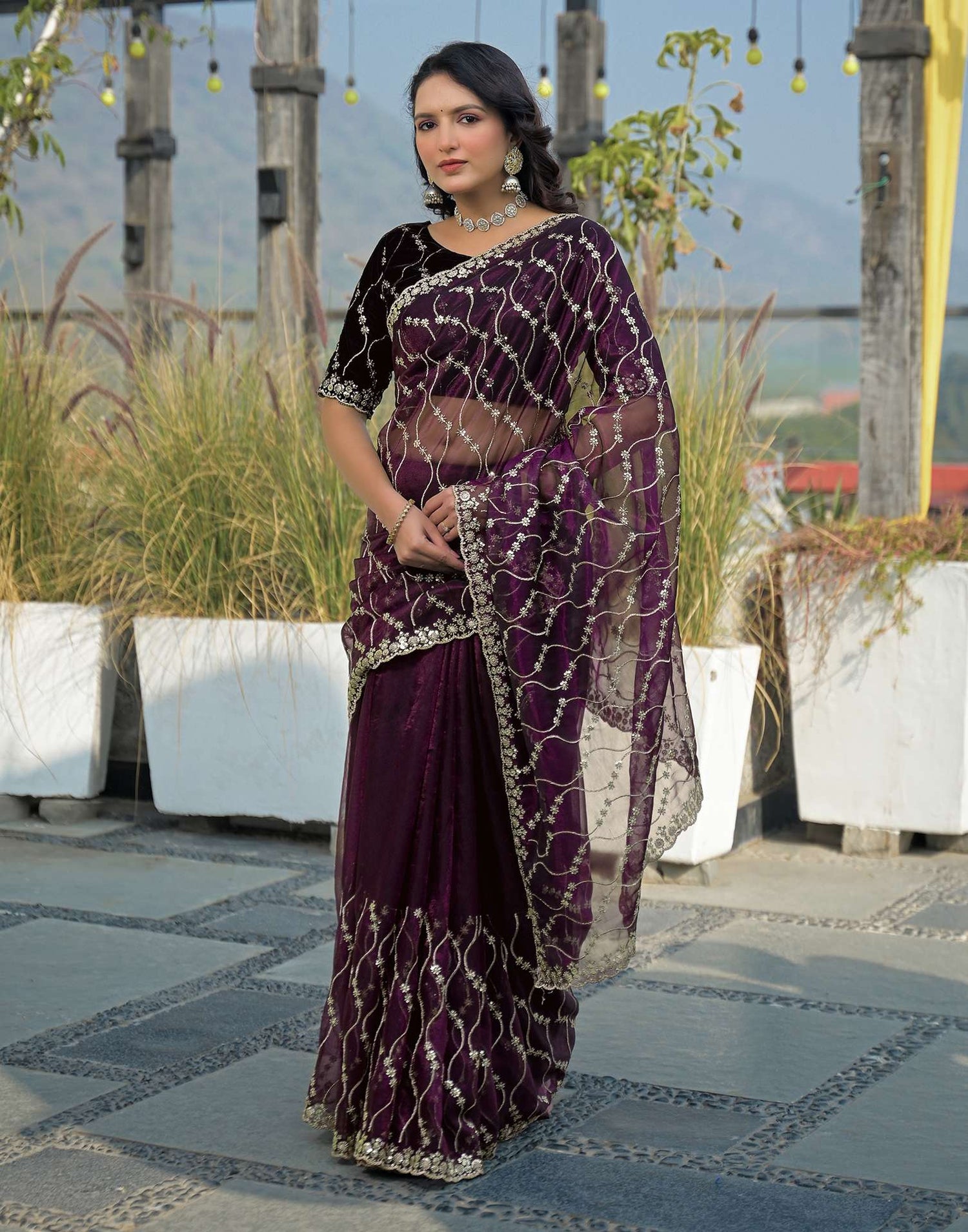 Wine Net Sequence Embroidery Saree