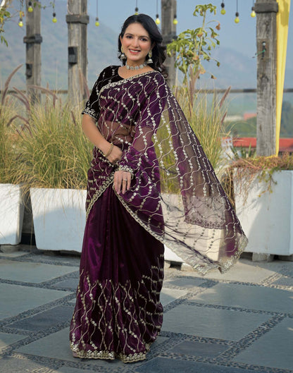 Wine Net Sequence Embroidery Saree