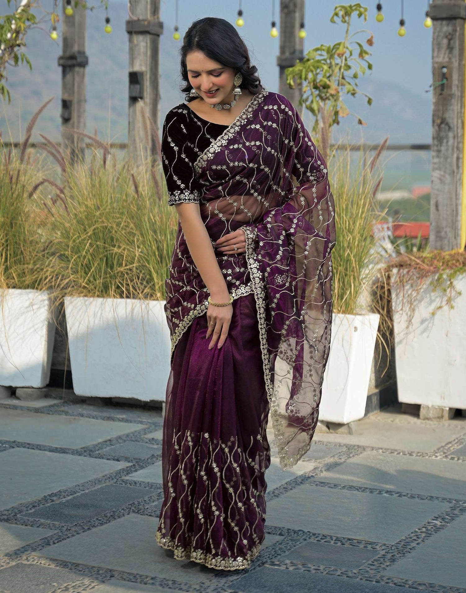 Wine Net Sequence Embroidery Saree