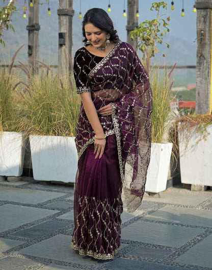 Wine Net Sequence Embroidery Saree