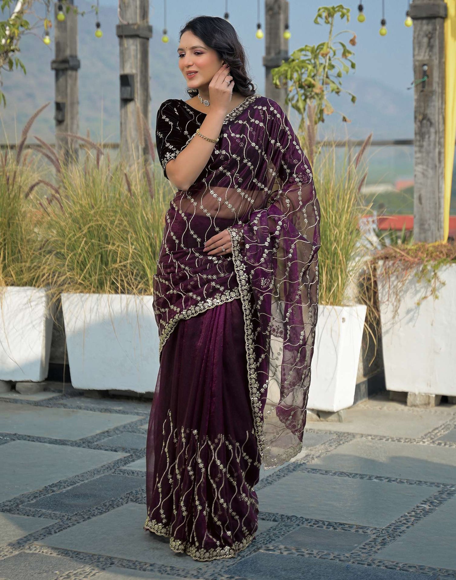Wine Net Sequence Embroidery Saree