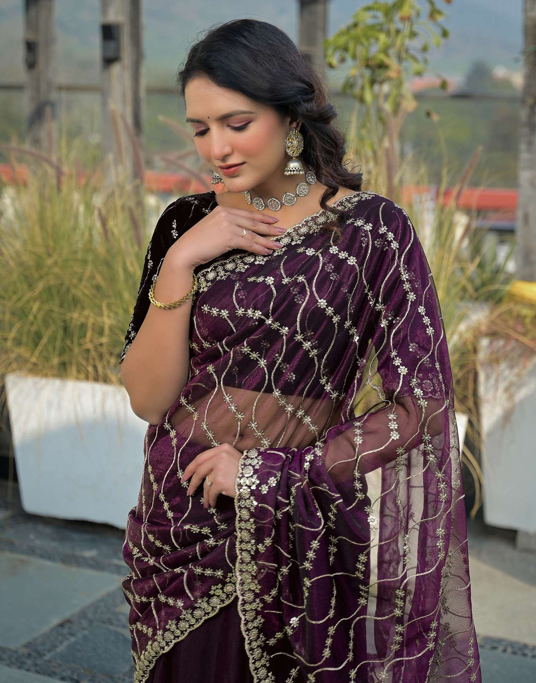Wine Net Sequence Embroidery Saree