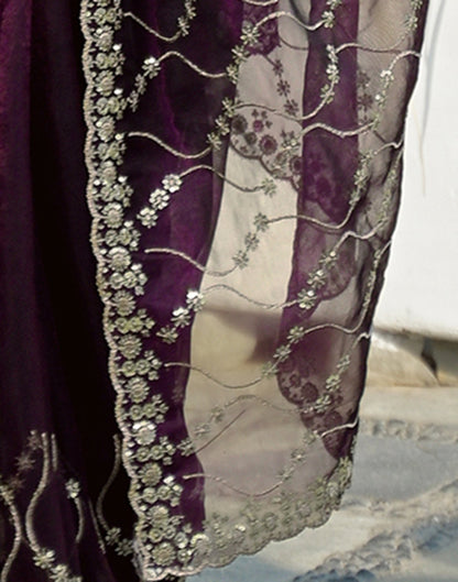 Wine Net Sequence Embroidery Saree