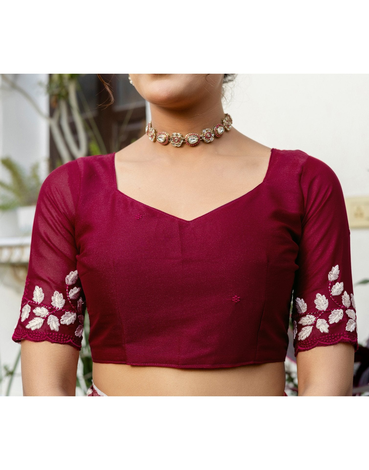 Dark Rose Pink Shimmer Embroidery Saree
