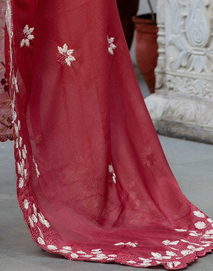 Dark Rose Pink Shimmer Embroidery Saree