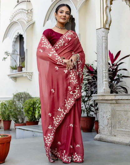 Dark Rose Pink Shimmer Embroidery Saree