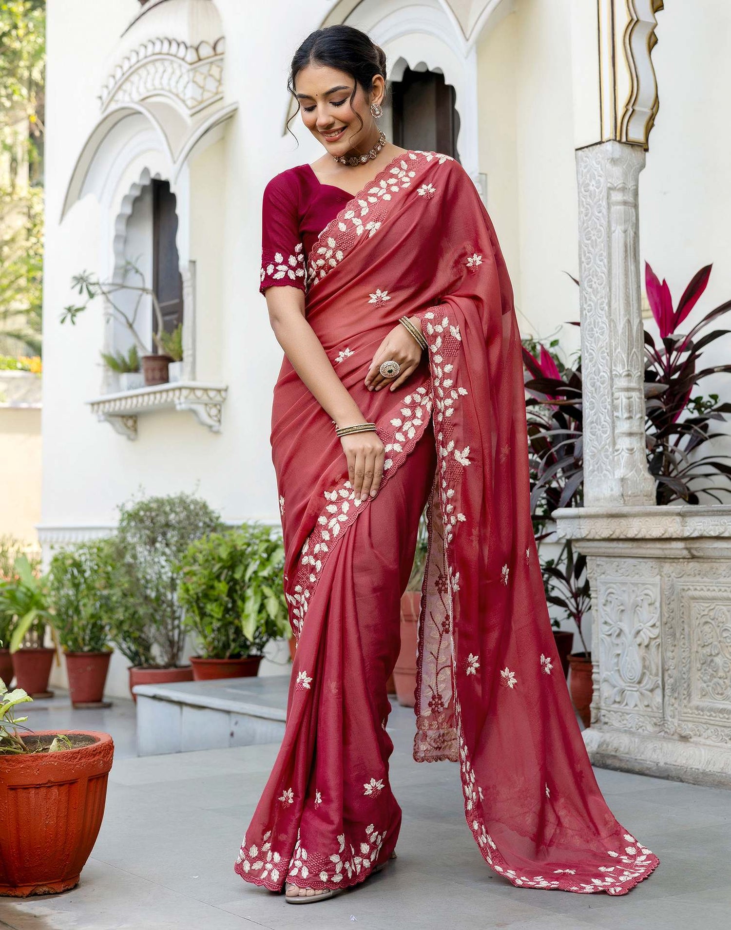 Dark Rose Pink Shimmer Embroidery Saree
