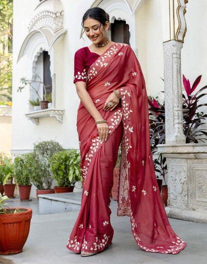 Dark Rose Pink Shimmer Embroidery Saree