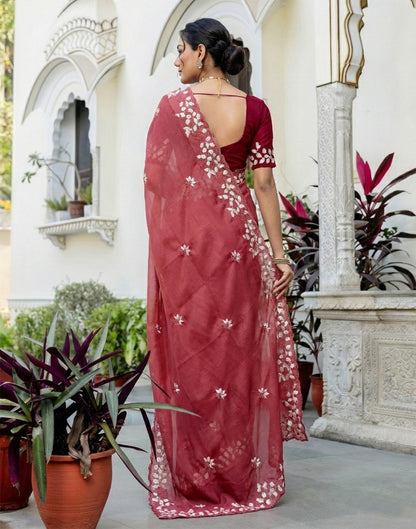 Dark Rose Pink Shimmer Embroidery Saree