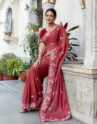 Dark Rose Pink Shimmer Embroidery Saree
