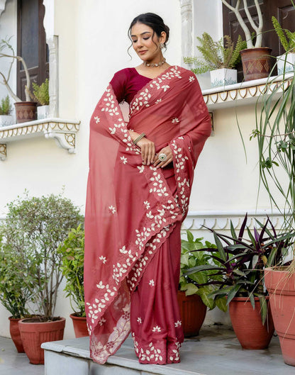 Dark Rose Pink Shimmer Embroidery Saree