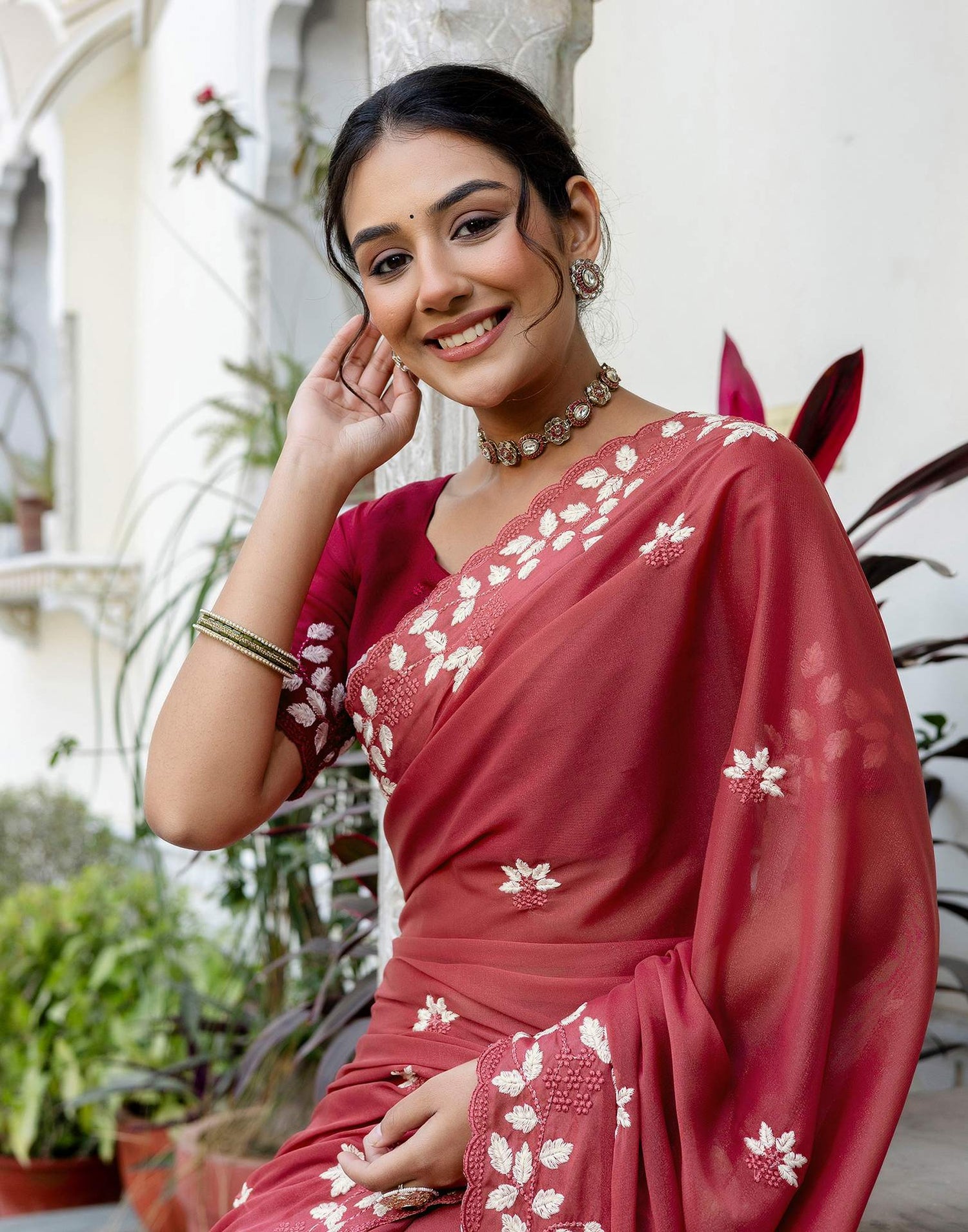 Dark Rose Pink Shimmer Embroidery Saree