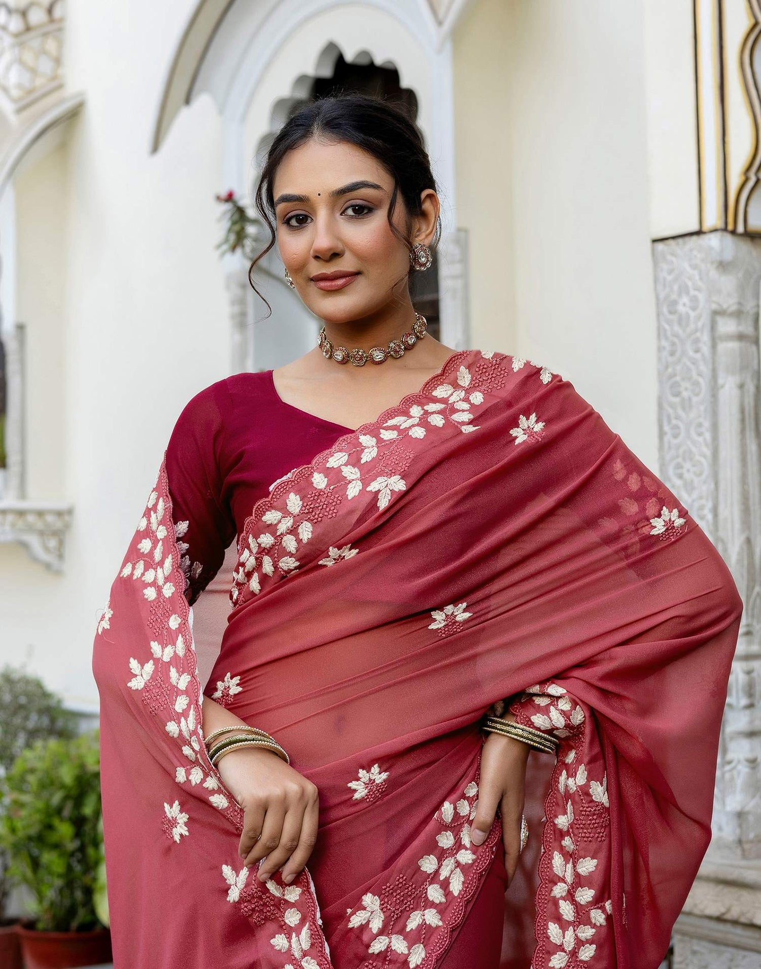 Dark Rose Pink Shimmer Embroidery Saree