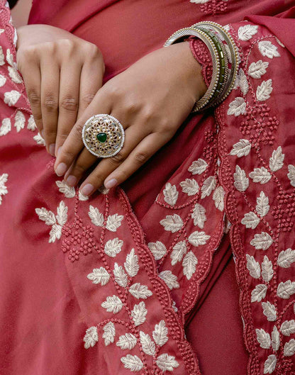 Dark Rose Pink Shimmer Embroidery Saree