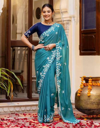 Dusty Teal Blue Shimmer Embroidery Saree