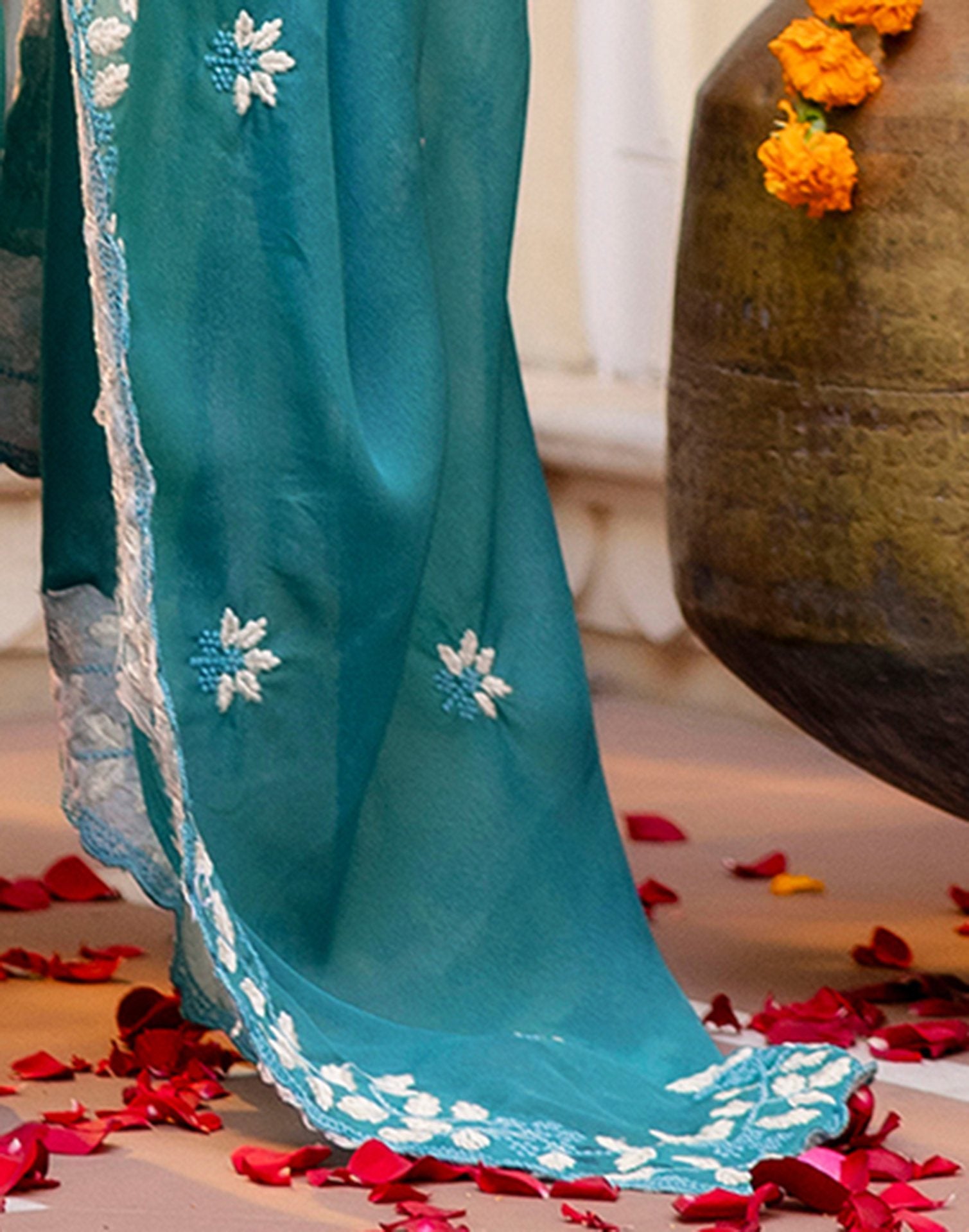 Dusty Teal Blue Shimmer Embroidery Saree
