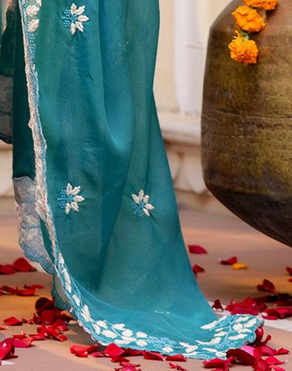 Dusty Teal Blue Shimmer Embroidery Saree