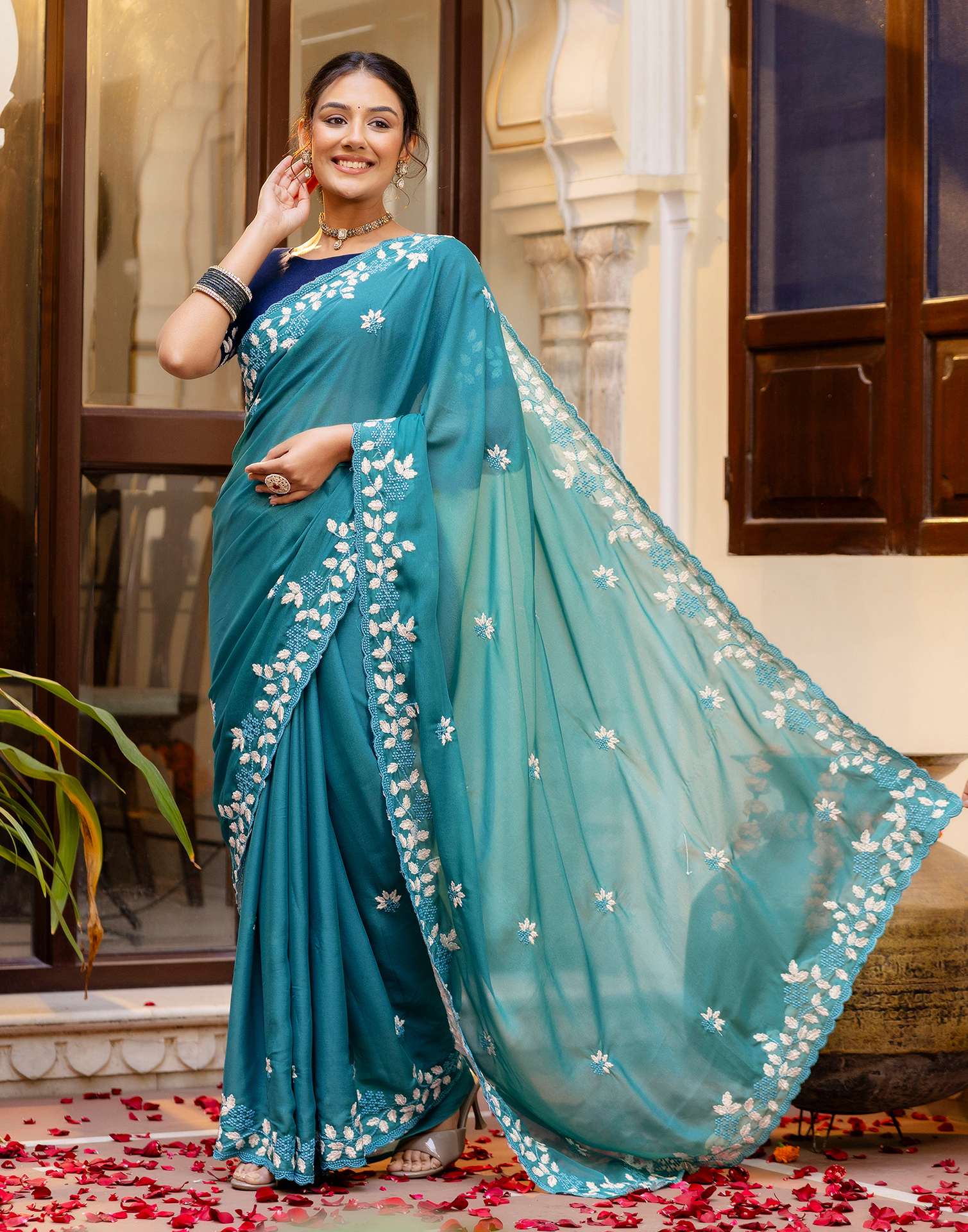 Dusty Teal Blue Shimmer Embroidery Saree