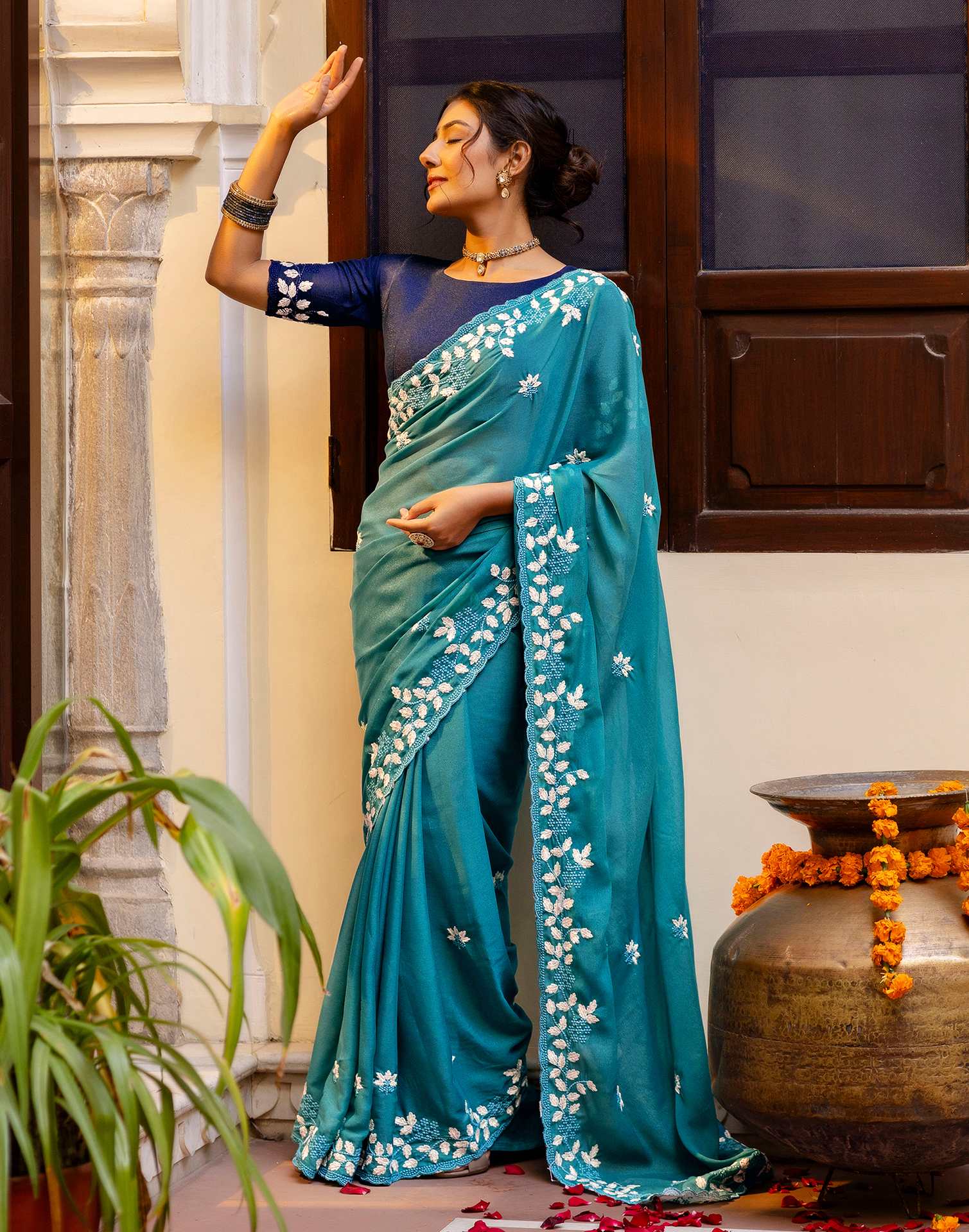 Dusty Teal Blue Shimmer Embroidery Saree