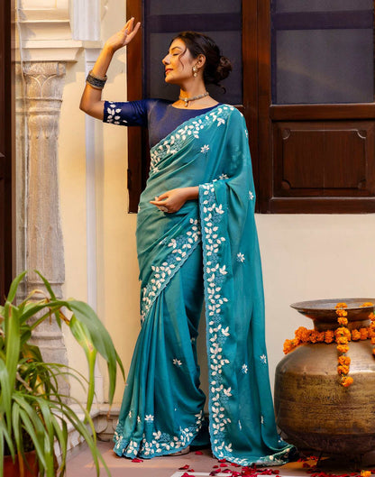 Dusty Teal Blue Shimmer Embroidery Saree