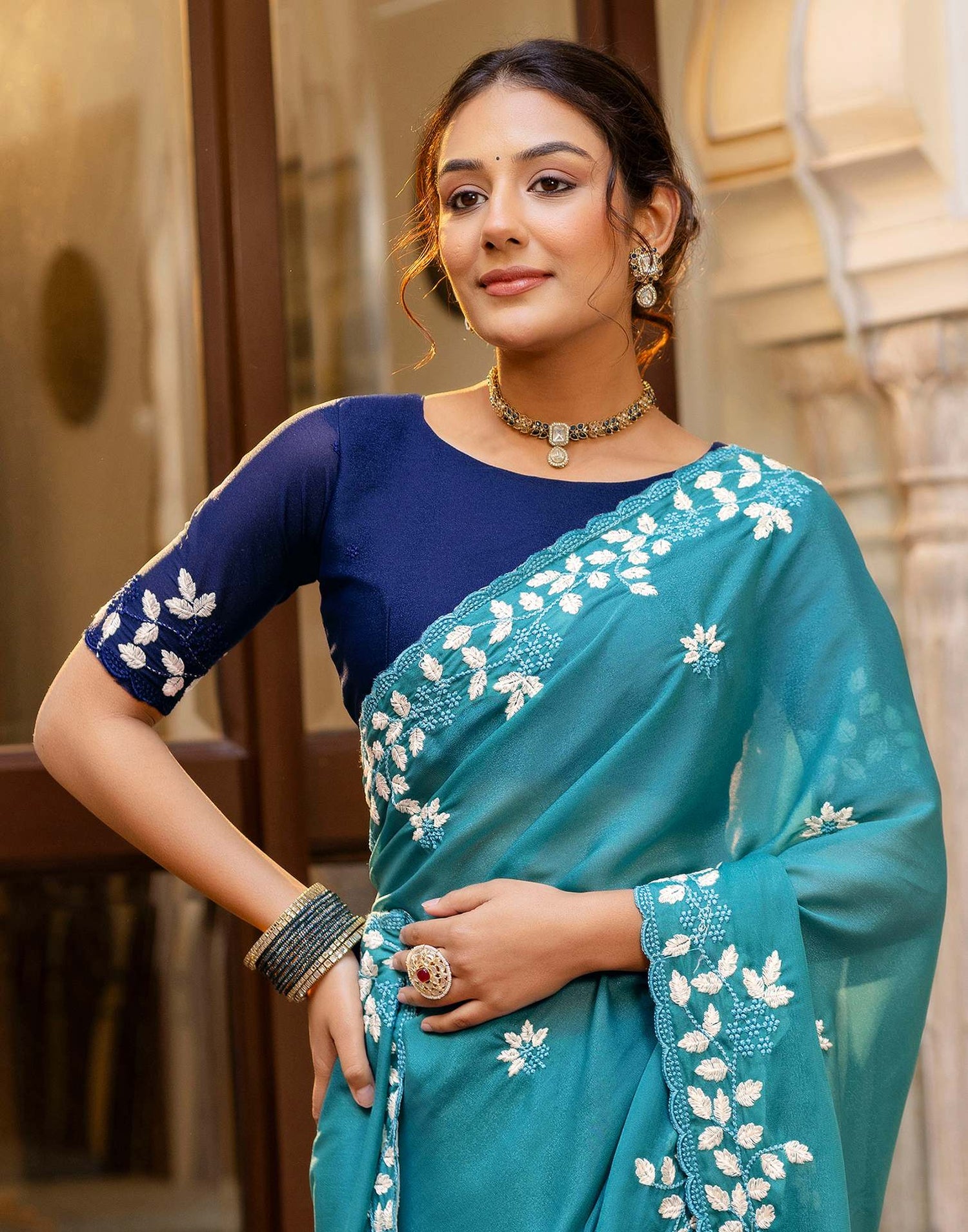 Dusty Teal Blue Shimmer Embroidery Saree