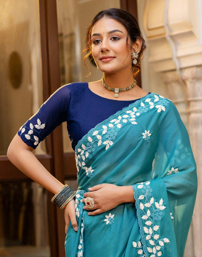 Dusty Teal Blue Shimmer Embroidery Saree