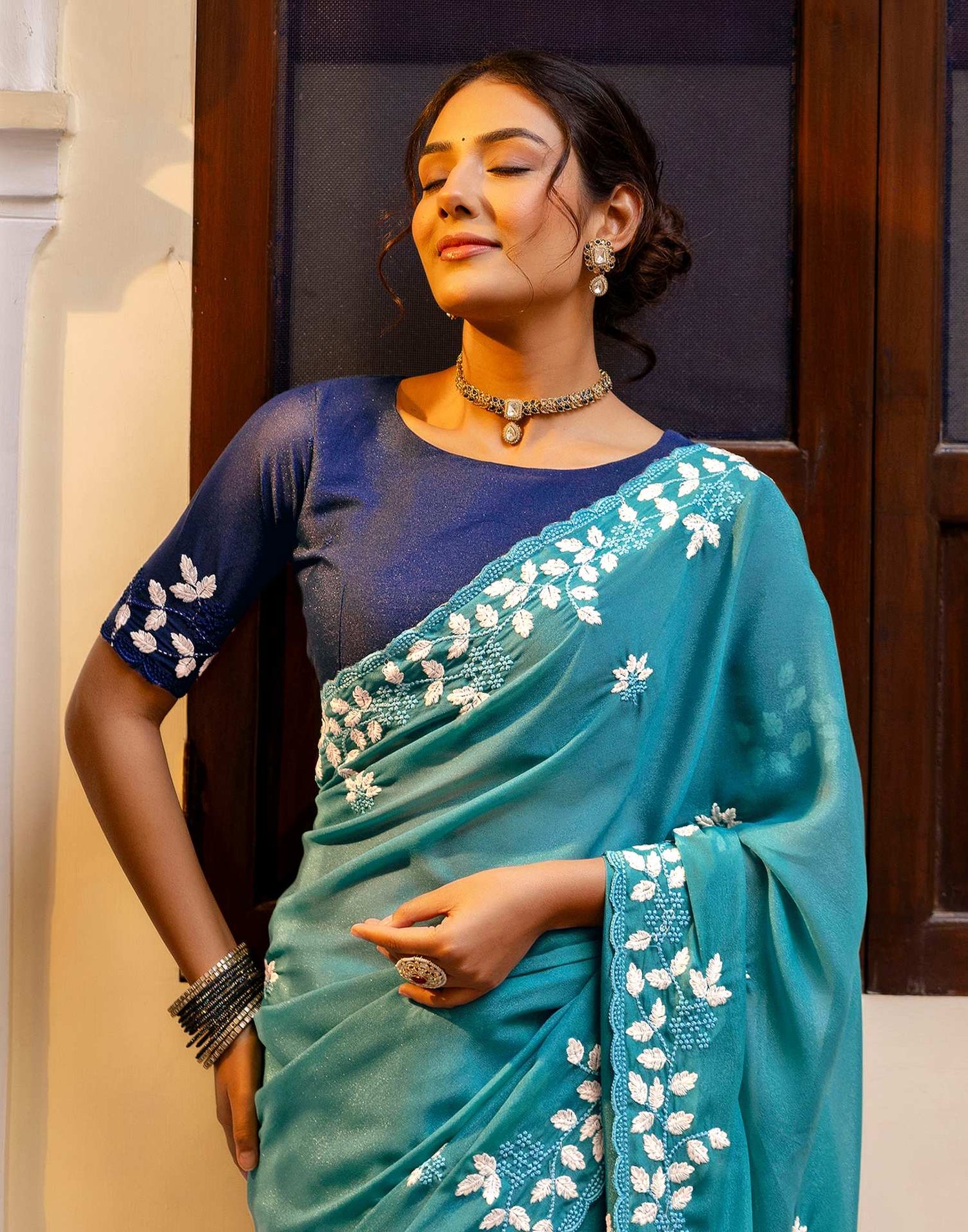 Dusty Teal Blue Shimmer Embroidery Saree