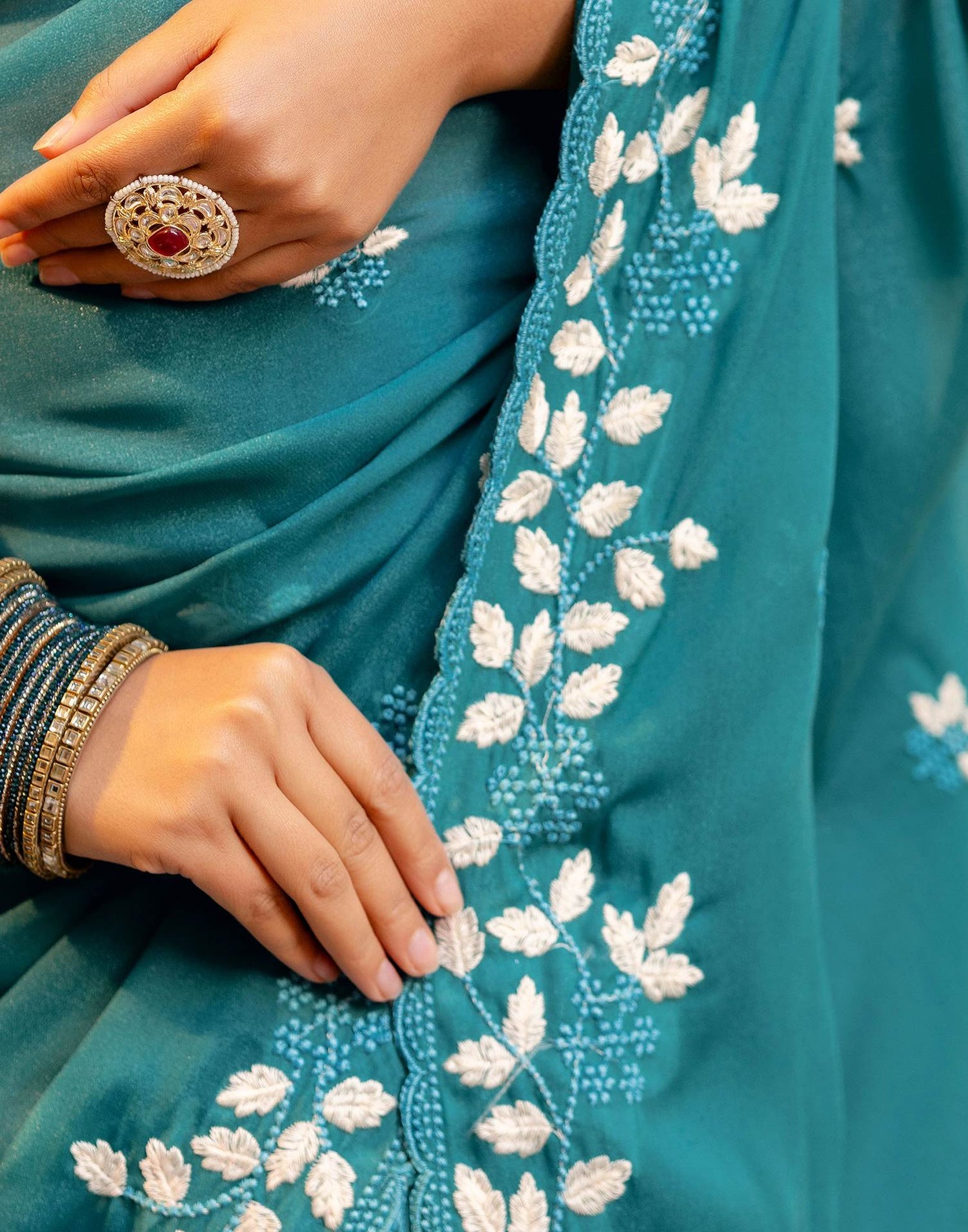 Dusty Teal Blue Shimmer Embroidery Saree