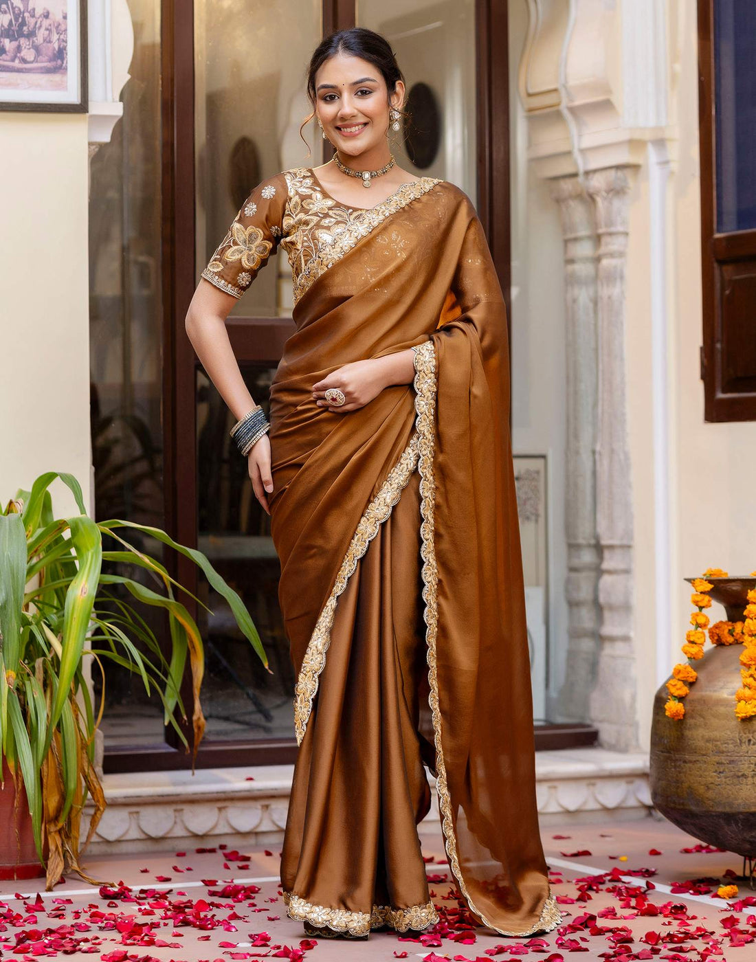 Brown Silk Sequence Embroidery Lace Saree