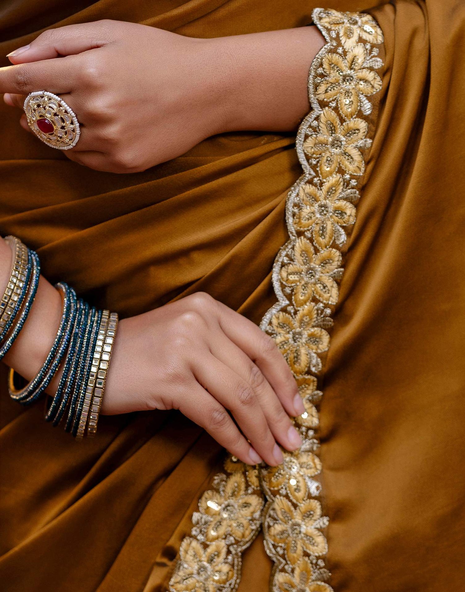 Brown Silk Sequence Embroidery Lace Saree