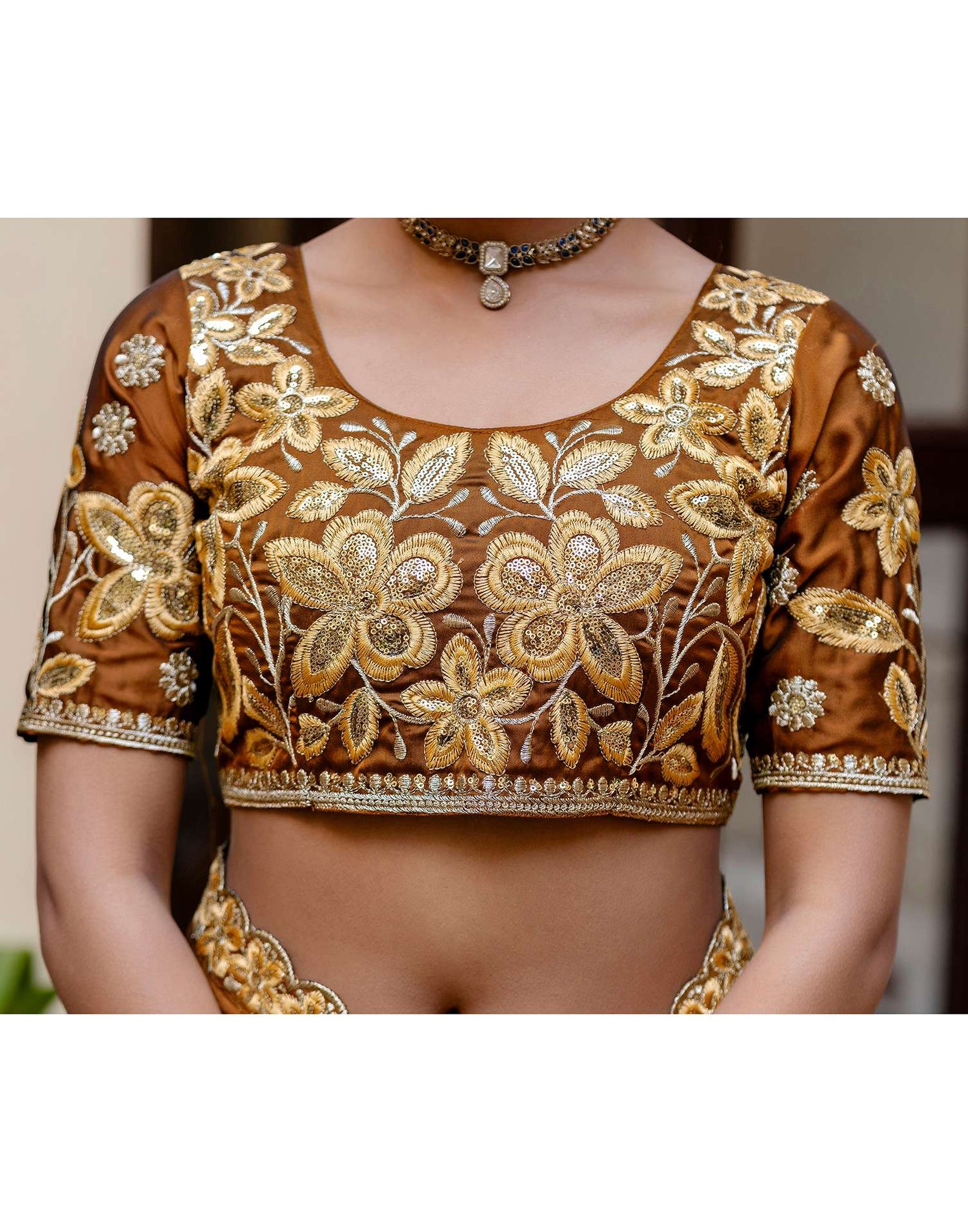 Brown Silk Sequence Embroidery Lace Saree