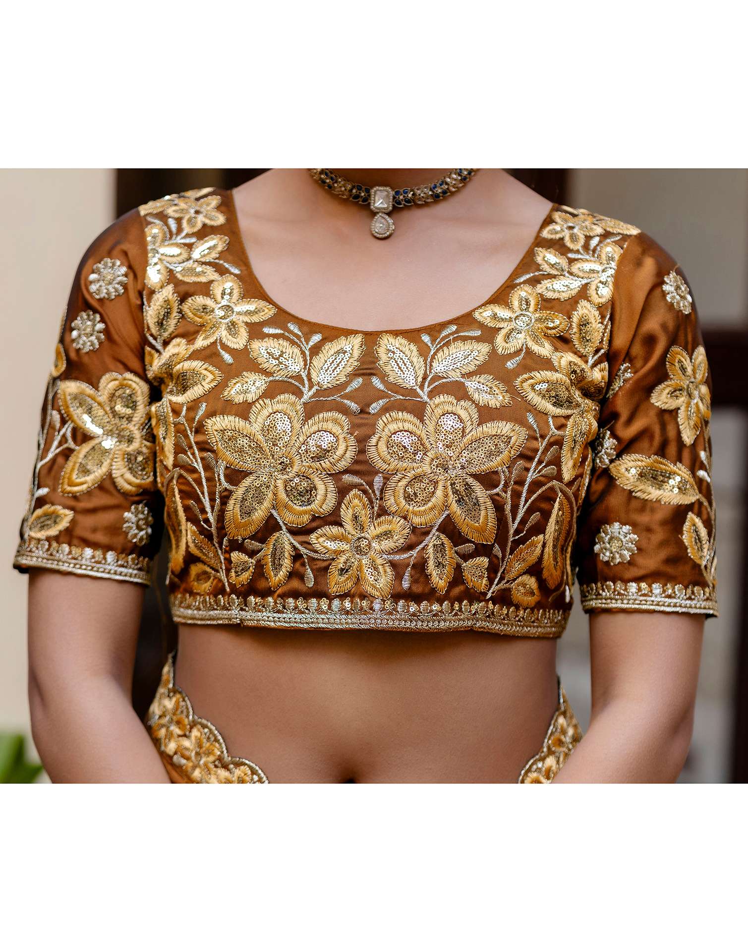 Brown Silk Sequence Embroidery Lace Saree