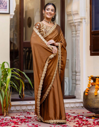 Brown Silk Sequence Embroidery Lace Saree