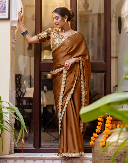Brown Silk Sequence Embroidery Lace Saree
