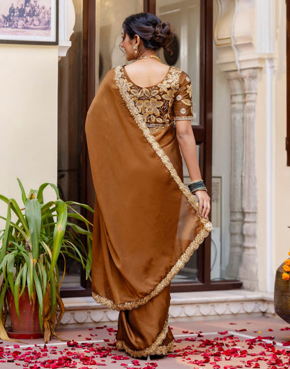 Brown Silk Sequence Embroidery Lace Saree
