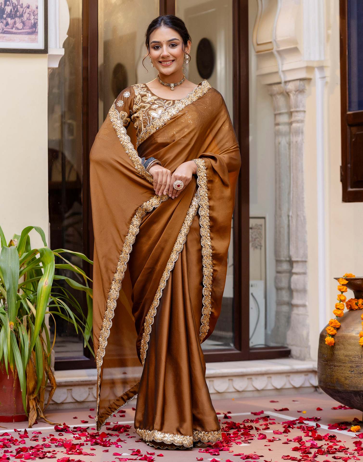 Brown Silk Sequence Embroidery Lace Saree