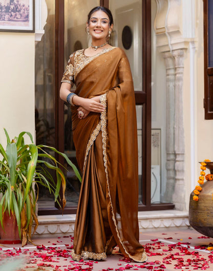 Brown Silk Sequence Embroidery Lace Saree
