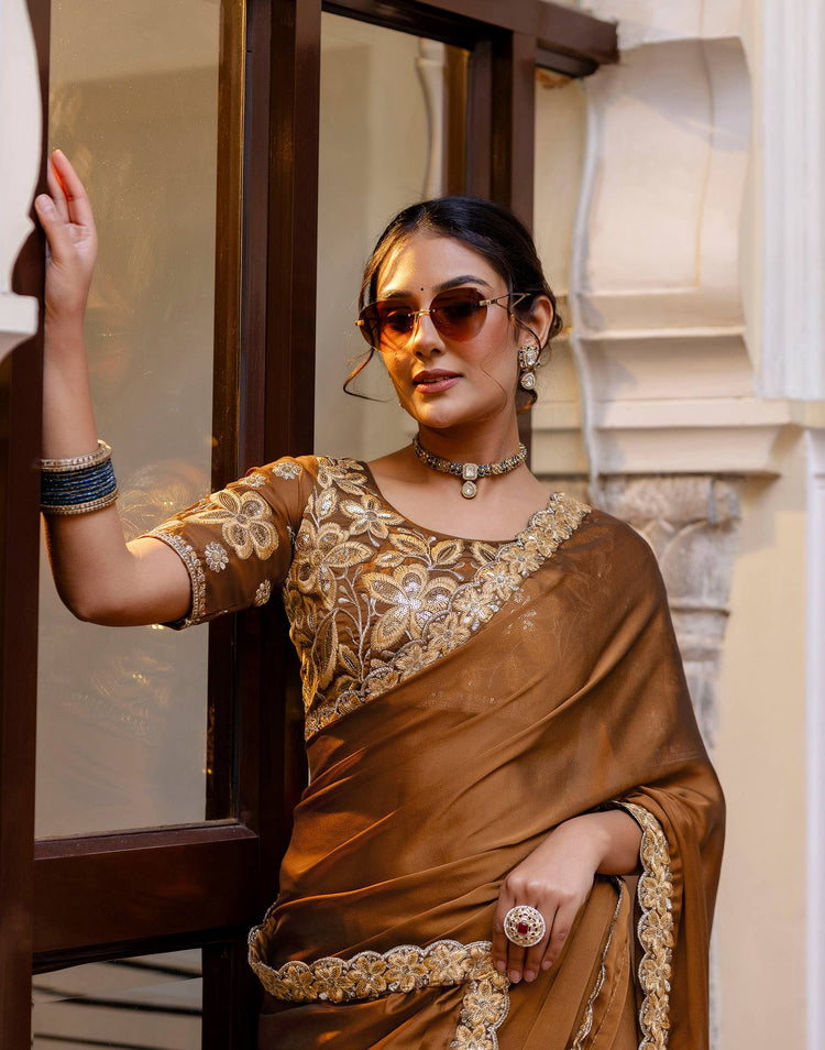 Brown Silk Sequence Embroidery Lace Saree