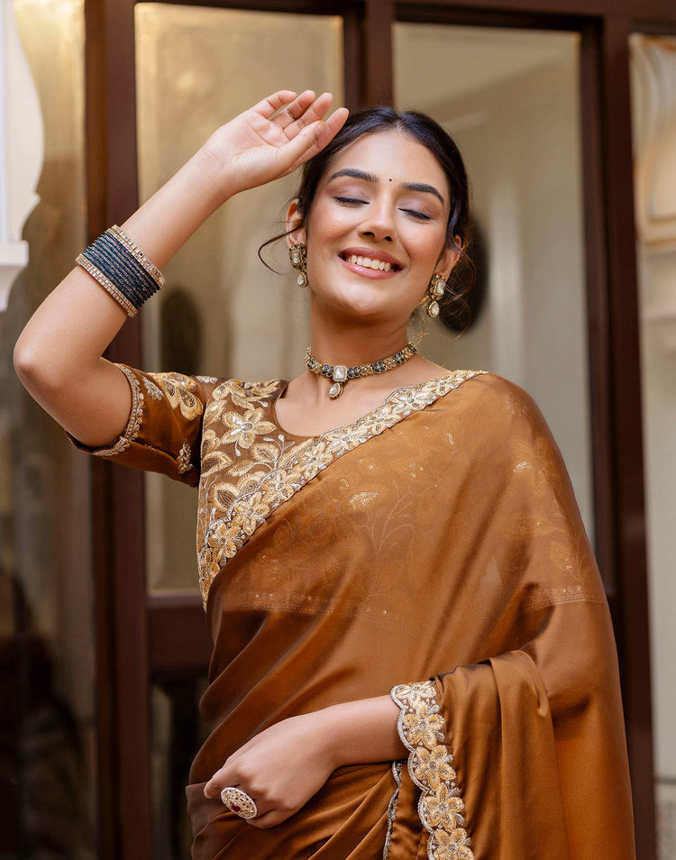 Brown Silk Sequence Embroidery Lace Saree