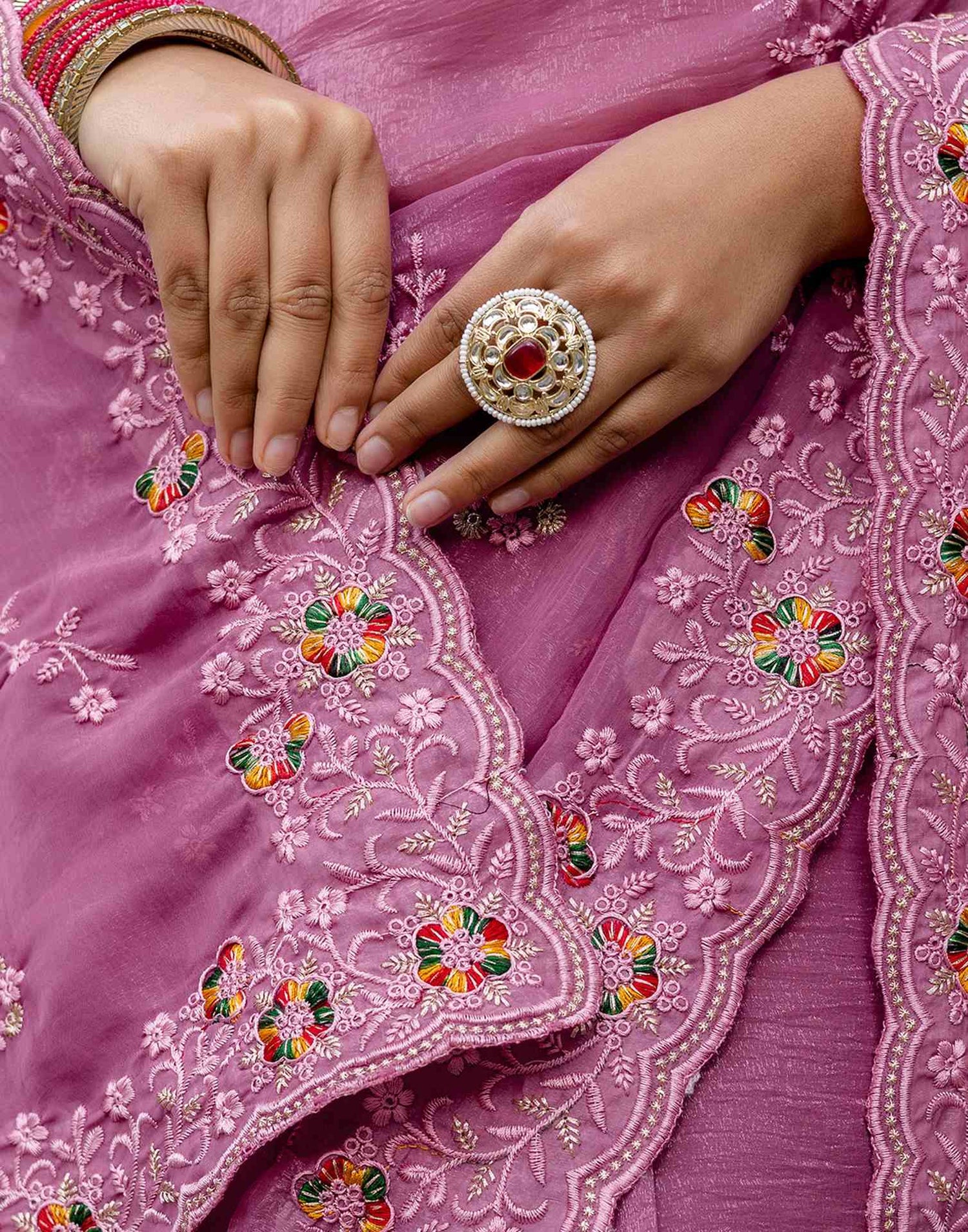 Pink Shimmer Embroidery Saree