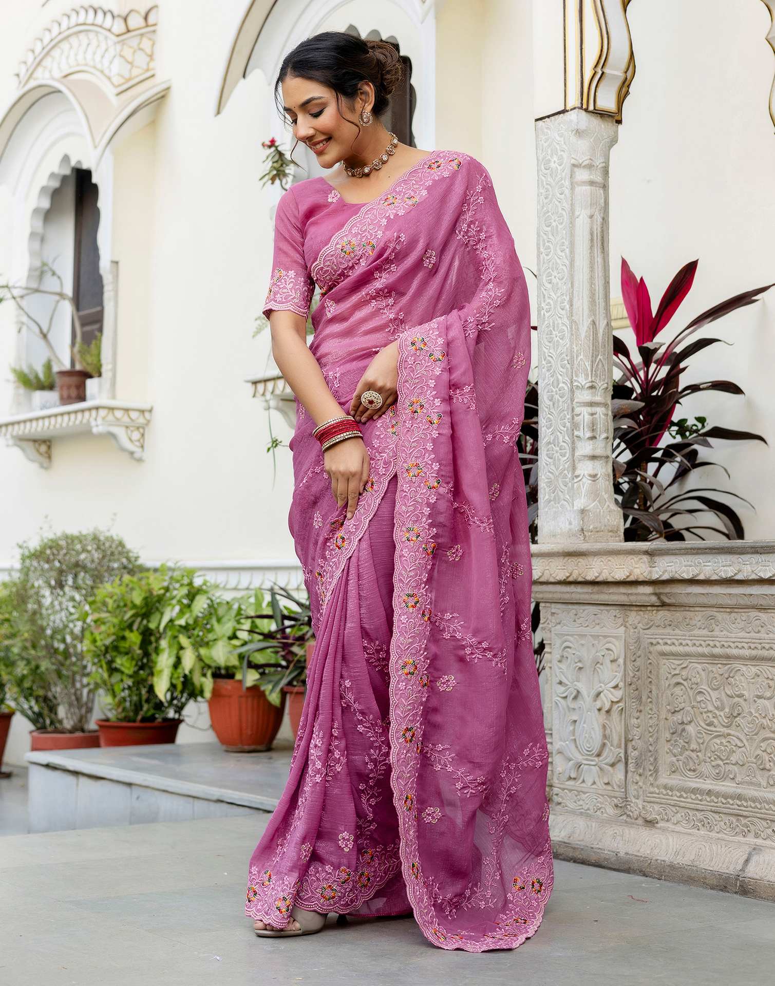 Pink Shimmer Embroidery Saree