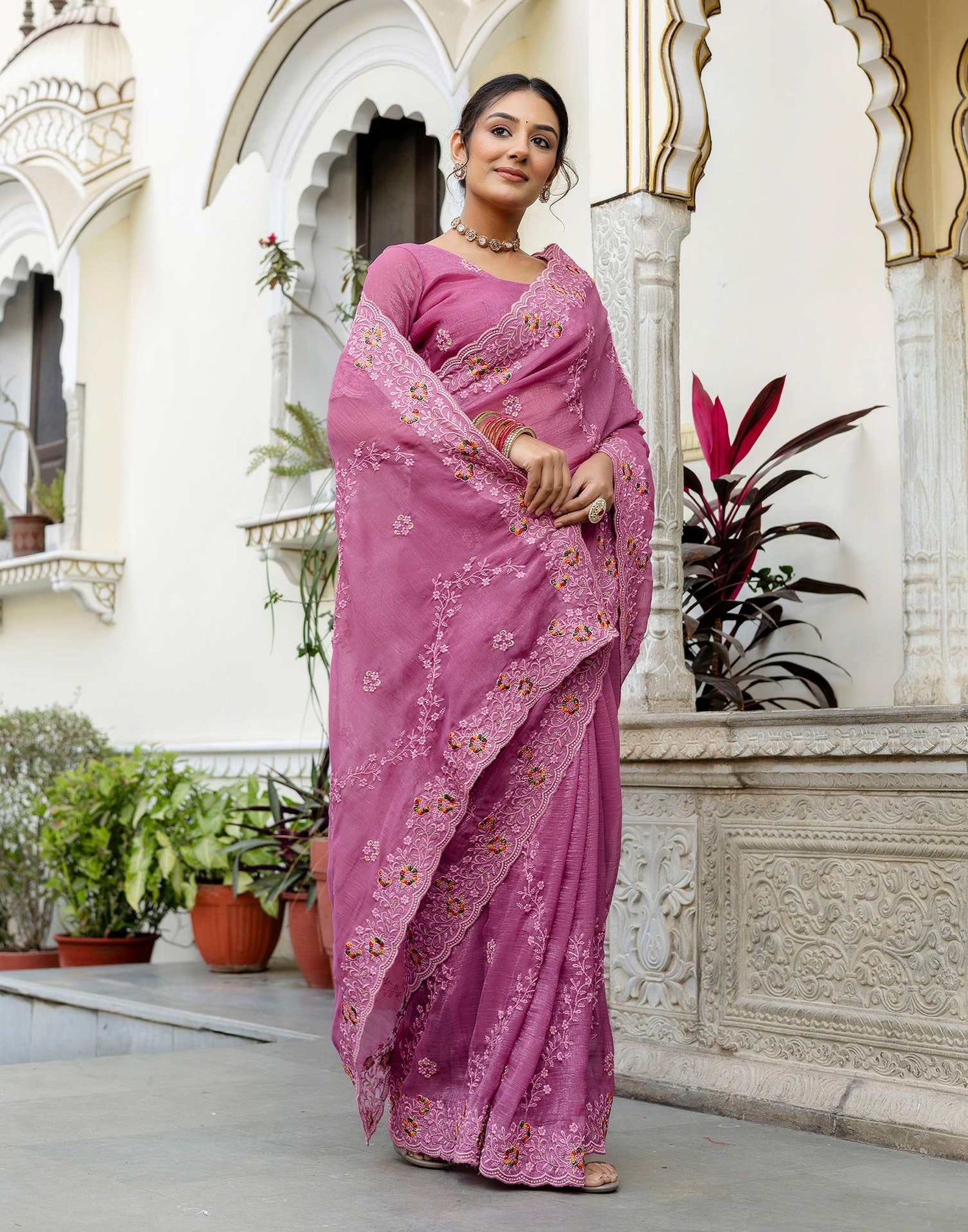 Pink Shimmer Embroidery Saree